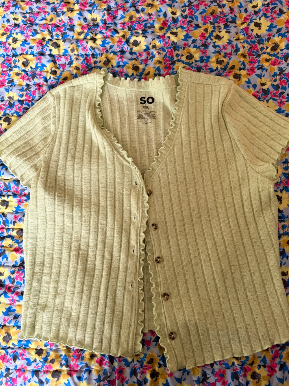 SO Light Green Ribbed Short-Sleeve Cardigan with Ruffle Trim